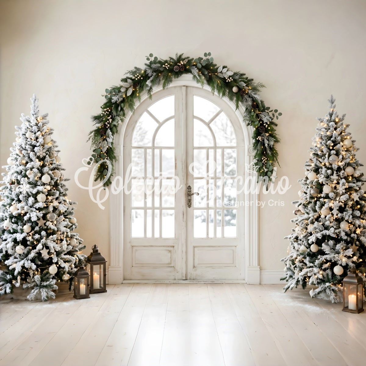 Toile de fond élégante de Noël avec porte cintrée et sapins enneigés pour photomaton CEM65-100