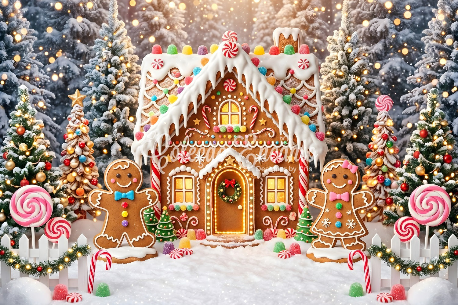 Toile de fond de village de Noël avec maison de bonbons en pain d’épices illuminée CEM65-105