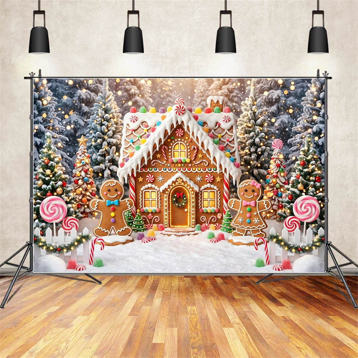 Toile de fond de village de Noël avec maison de bonbons en pain d’épices illuminée CEM65-105
