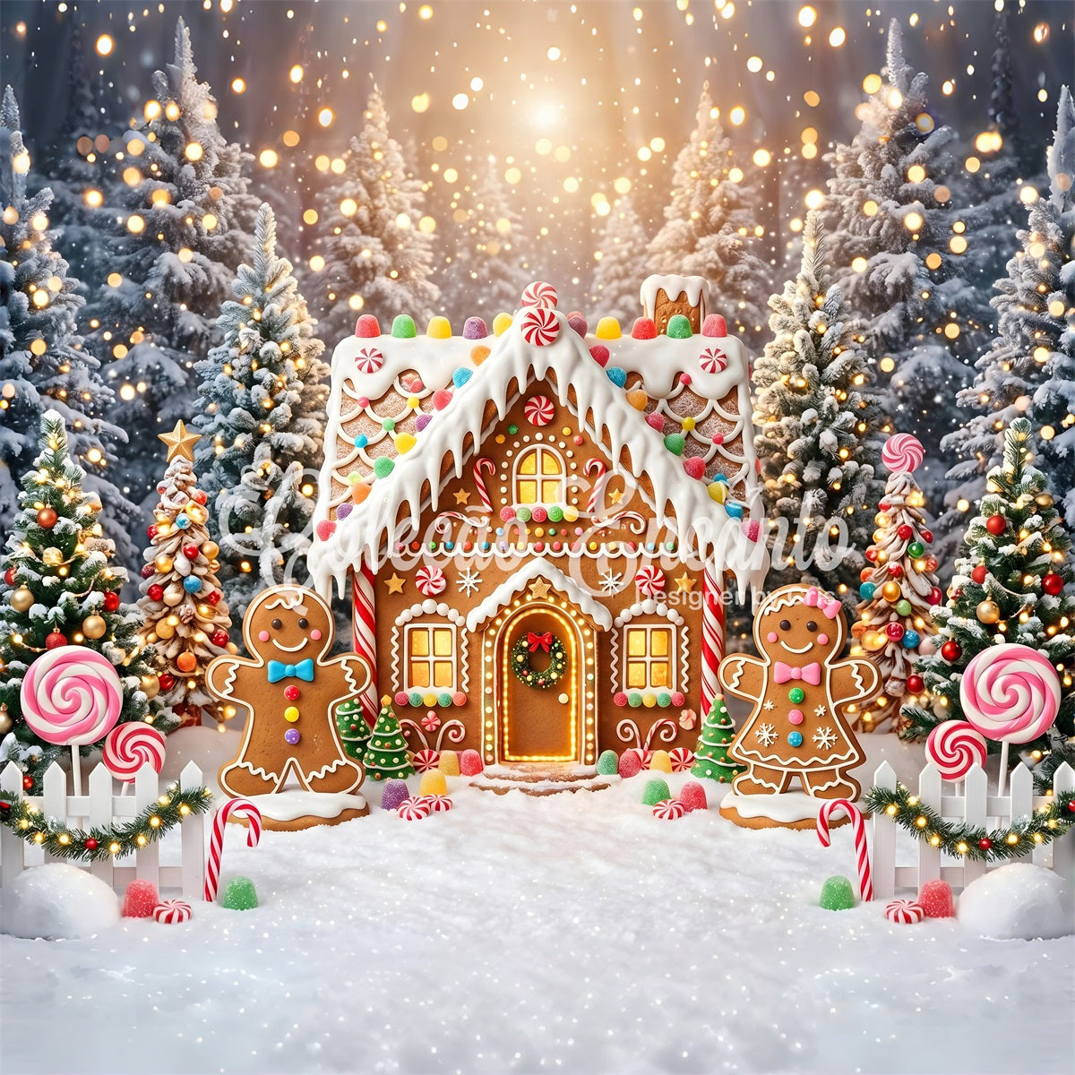 Toile de fond de village de Noël avec maison de bonbons en pain d’épices illuminée CEM65-105