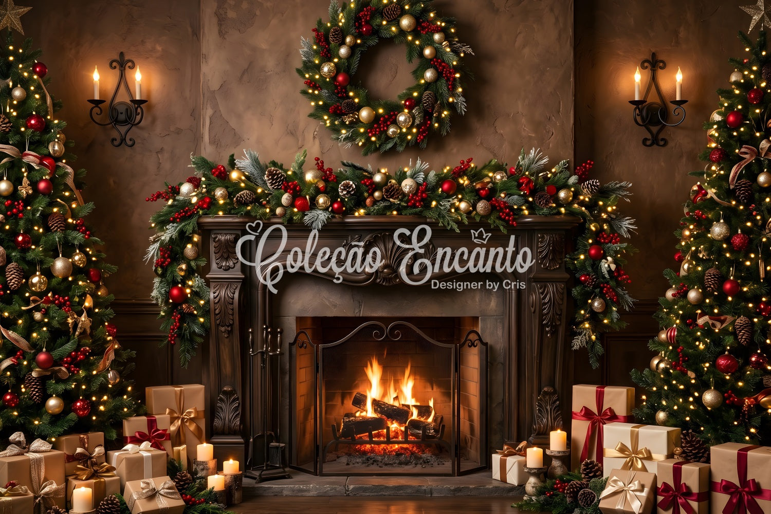 Grande toile de fond de Noël avec cheminée élégante couronne et lueur de bougies CEM65-107