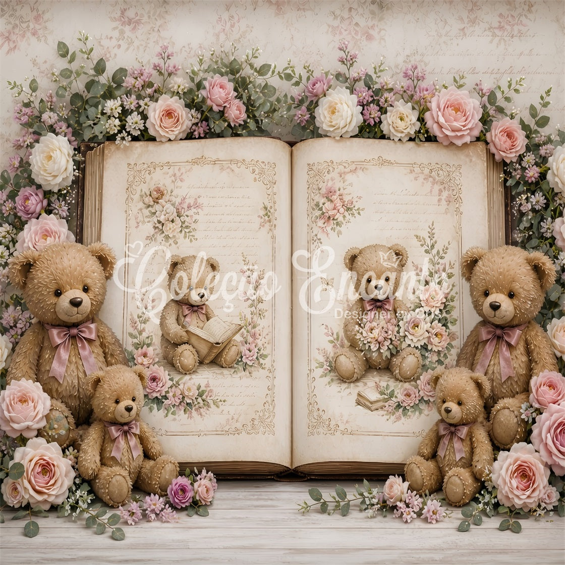 Toile de fond en tissu pour nouveau-né avec ours rétro livre de contes et roses CEM65-11
