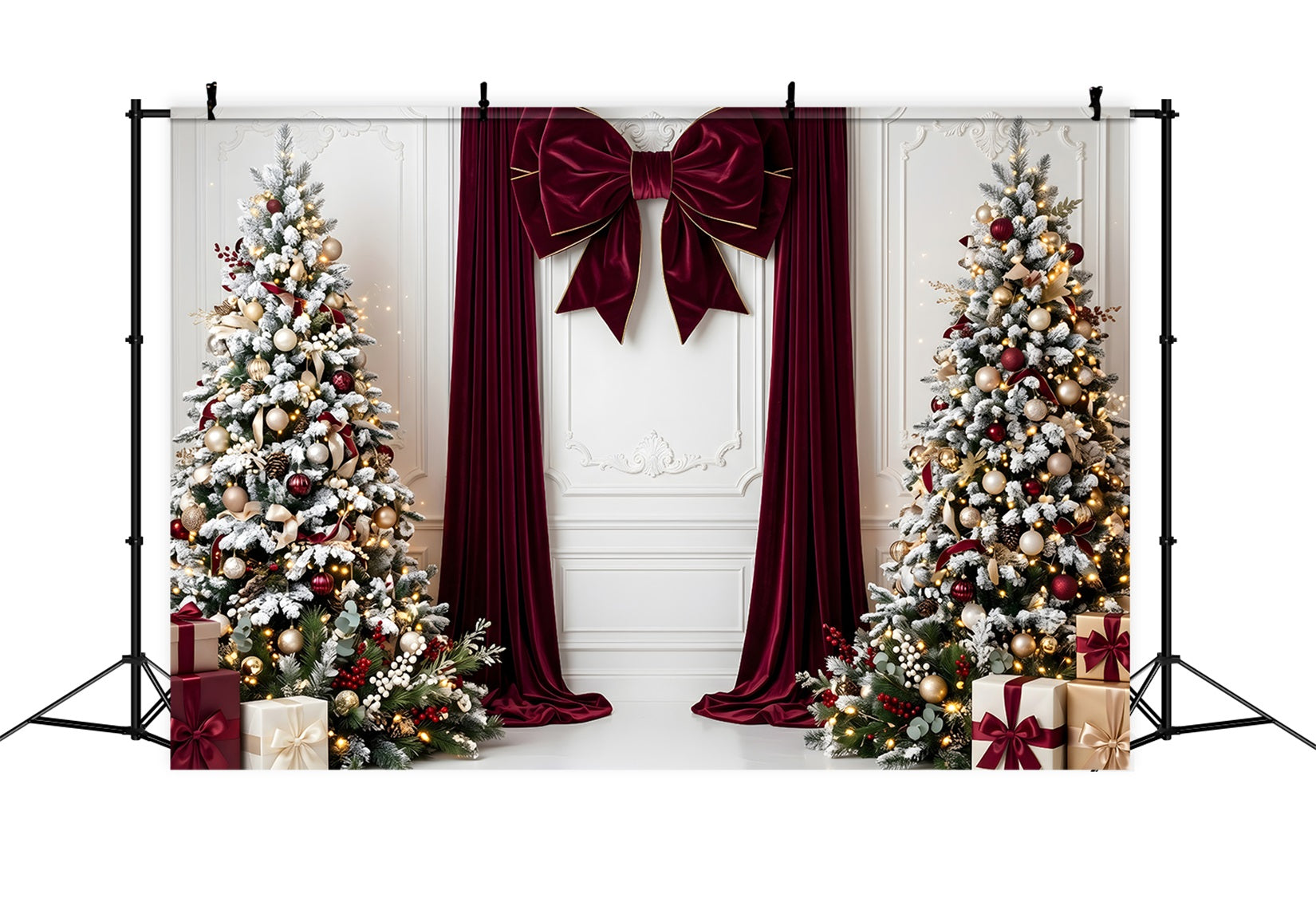 Toile de fond de Noël avec nœud en velours bordeaux et sapins enneigés pour photomaton CEM65-112