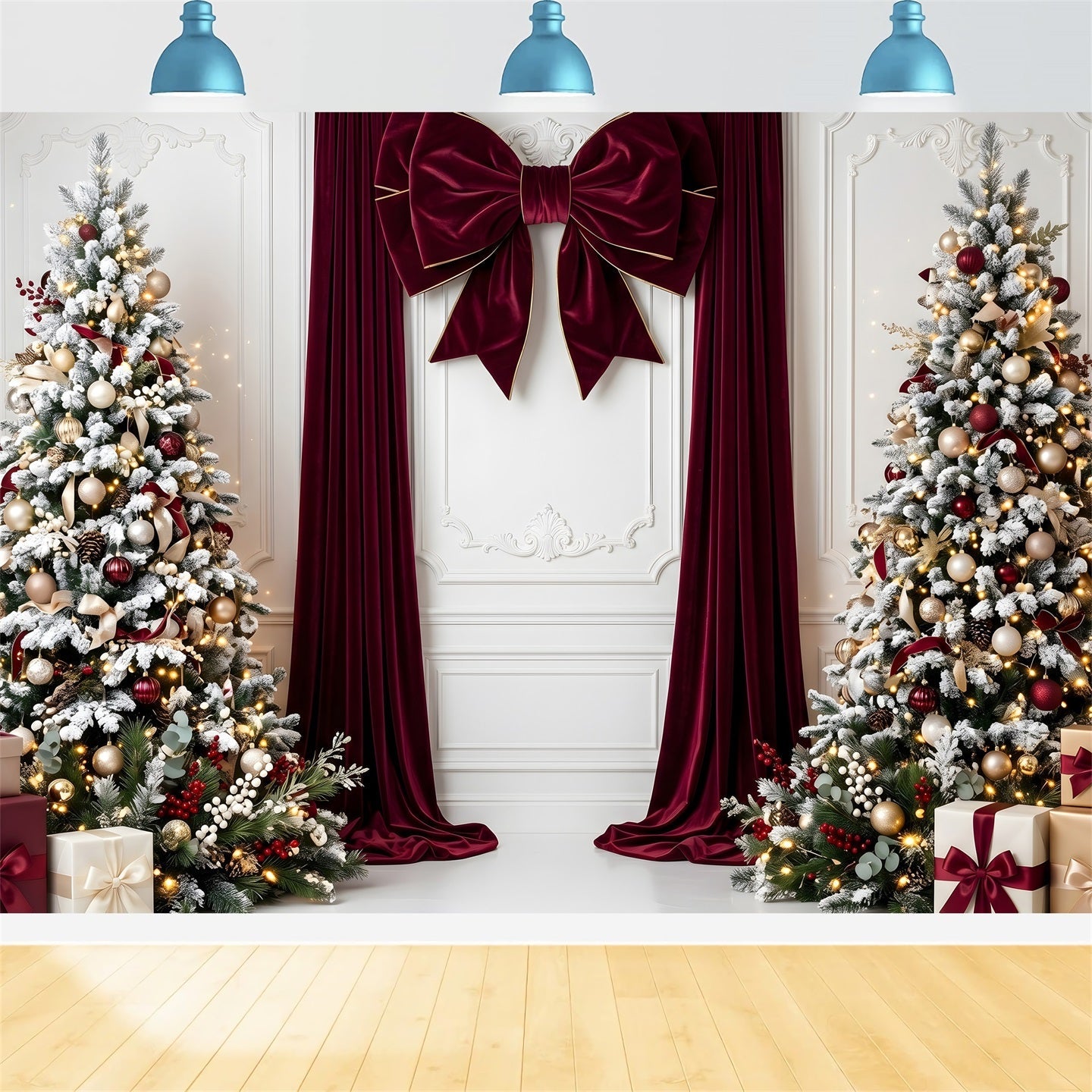 Toile de fond de Noël avec nœud en velours bordeaux et sapins enneigés pour photomaton CEM65-112