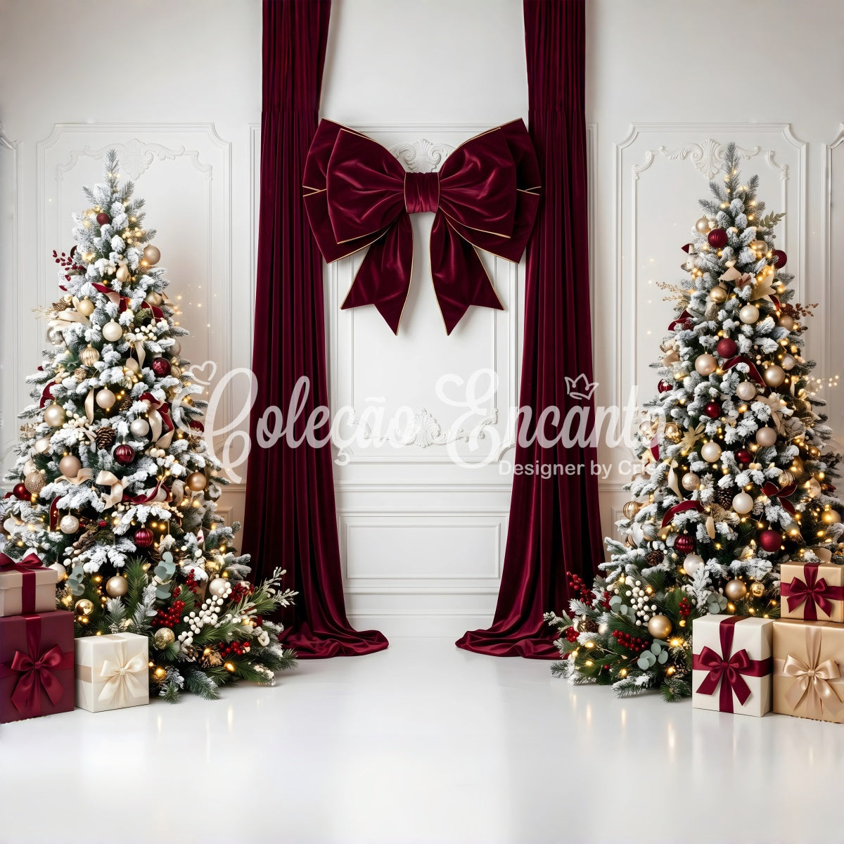 Toile de fond de Noël avec nœud en velours bordeaux et sapins enneigés pour photomaton CEM65-112