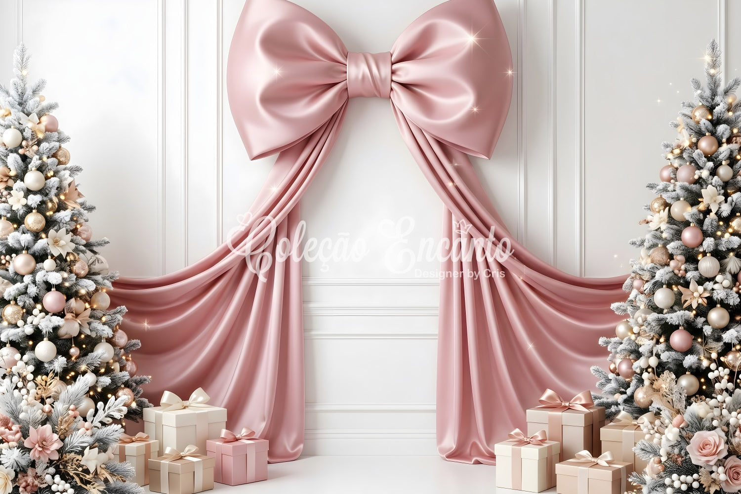 Toile de fond murale de Noël avec nœud en satin rose cadeaux et sapins pour photomaton CEM65-114