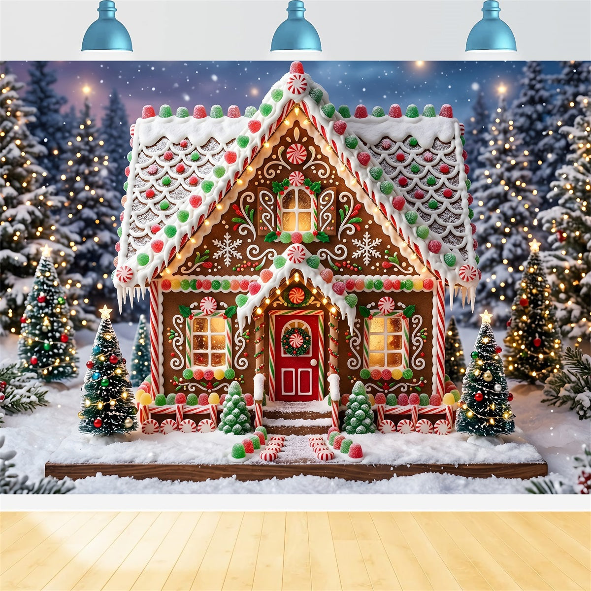 Toile de fond de Noël avec maison en pain d’épices bonbons et forêt enneigée pour photomaton CEM65-119
