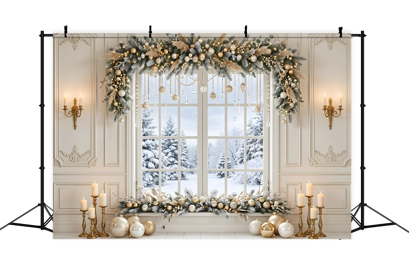 Grande toile de fond de Noël avec fenêtre d’hiver en cristal doré et guirlande CEM65-121