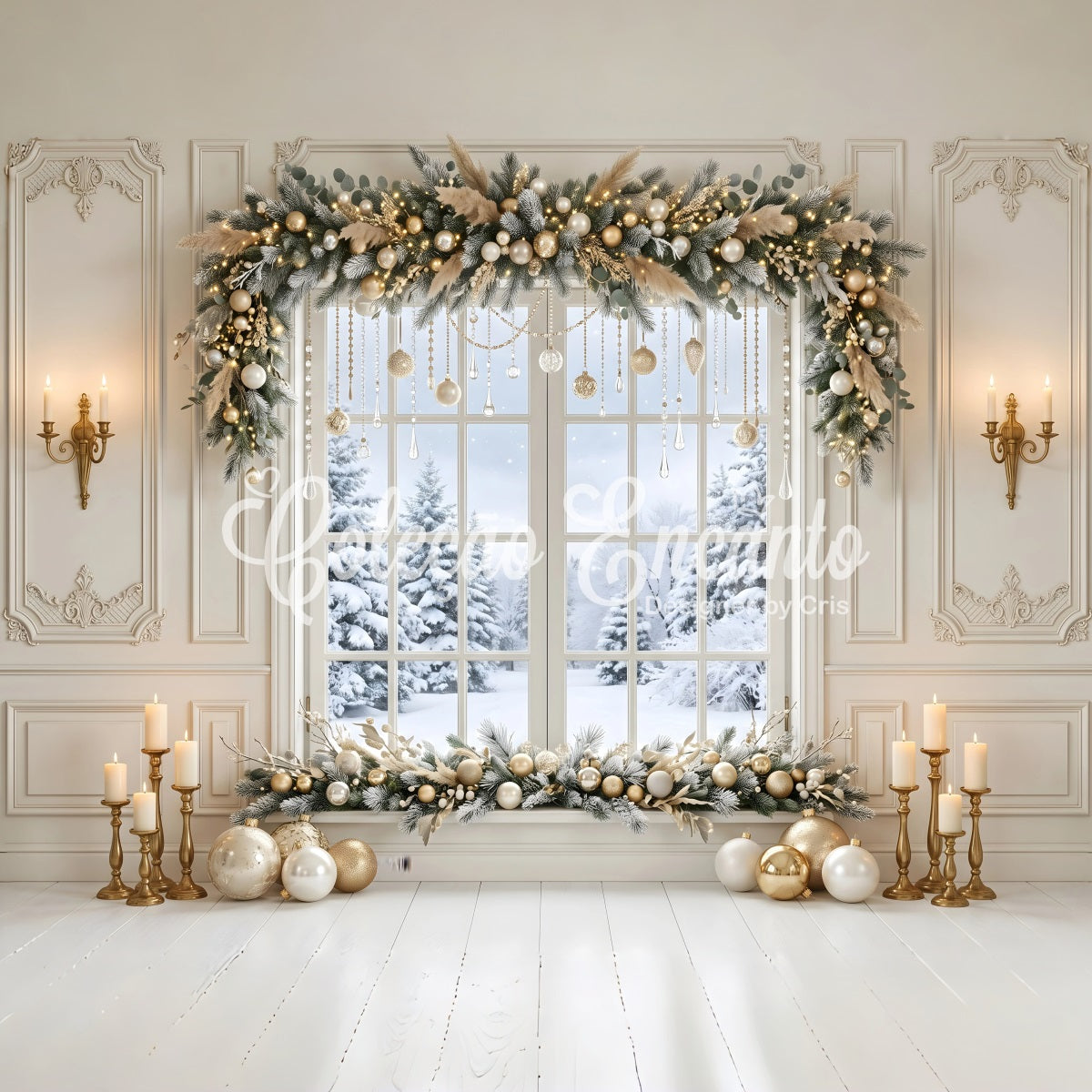 Grande toile de fond de Noël avec fenêtre d’hiver en cristal doré et guirlande CEM65-121