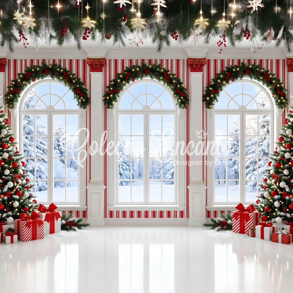 Toile de fond de Noël avec fenêtre hivernale à rayures de bonbons pour séance photo CEM65-123