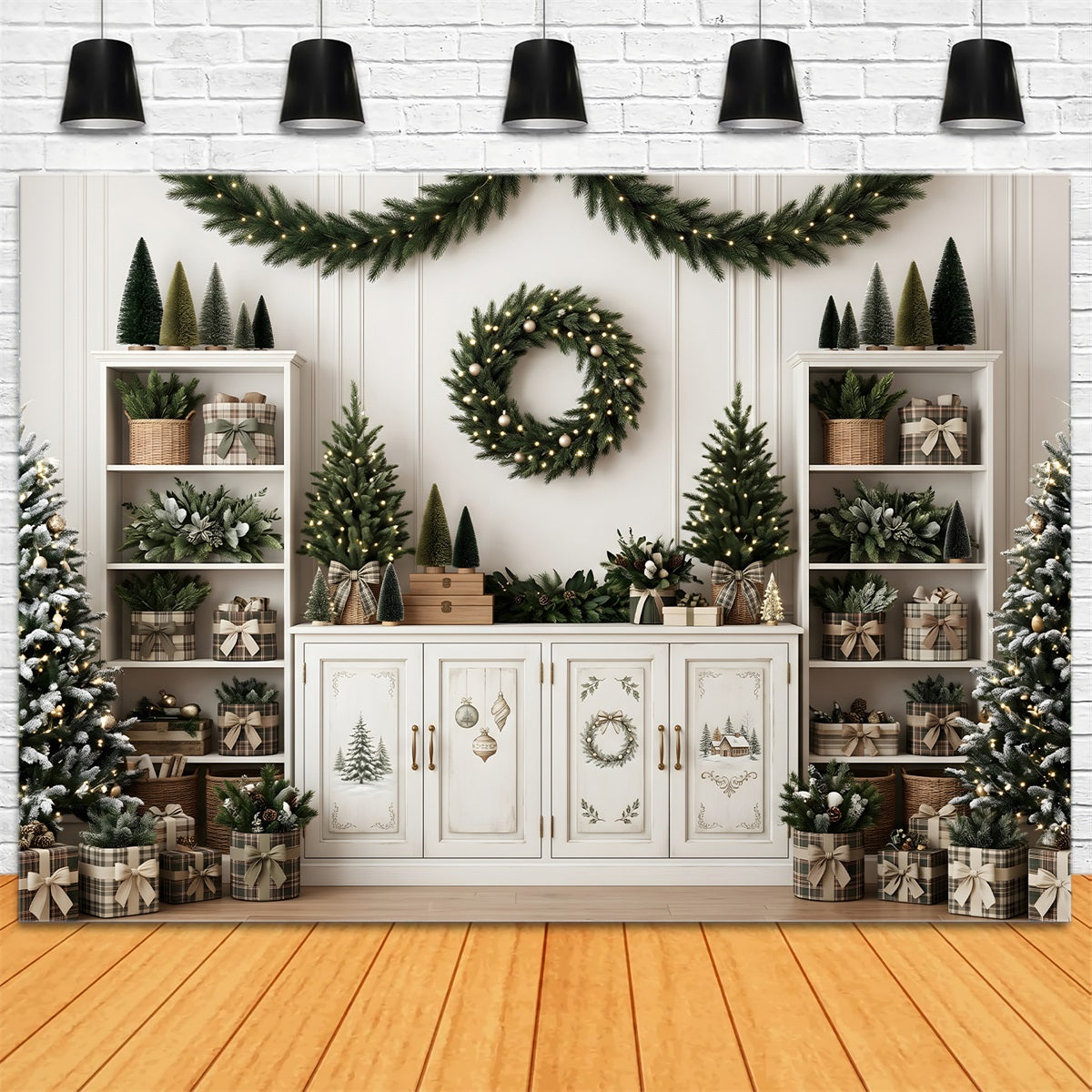 Toile de fond de Noël avec étagère neutre couronne et petits sapins CEM65-124