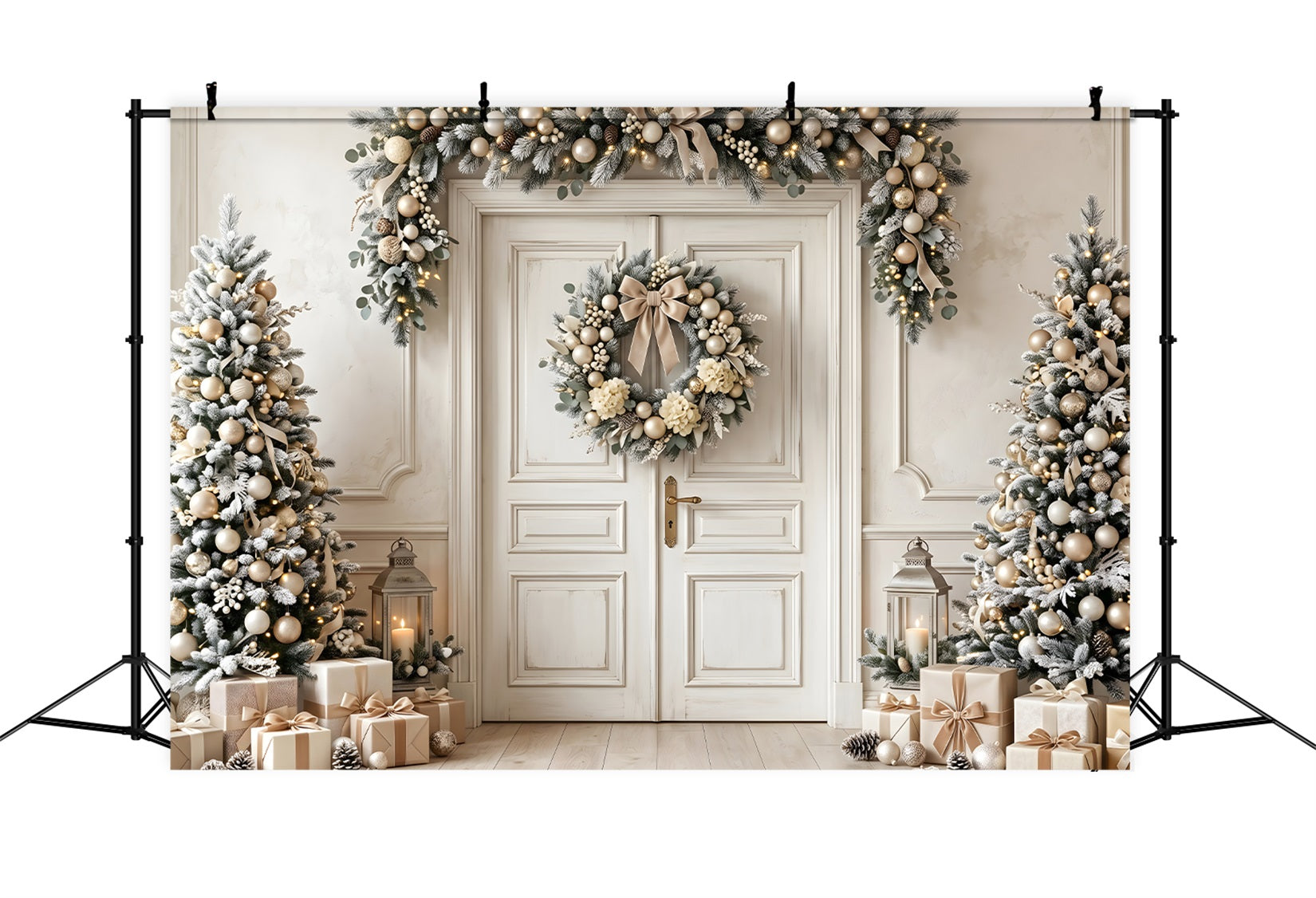 Belle toile de fond de Noël ivoire et or avec porte couronne et sapins CEM65-130