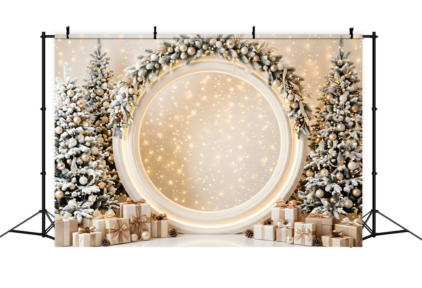 Toile de fond de scène de Noël avec arche ronde ivoire lumineuse et cadeaux CEM65-131