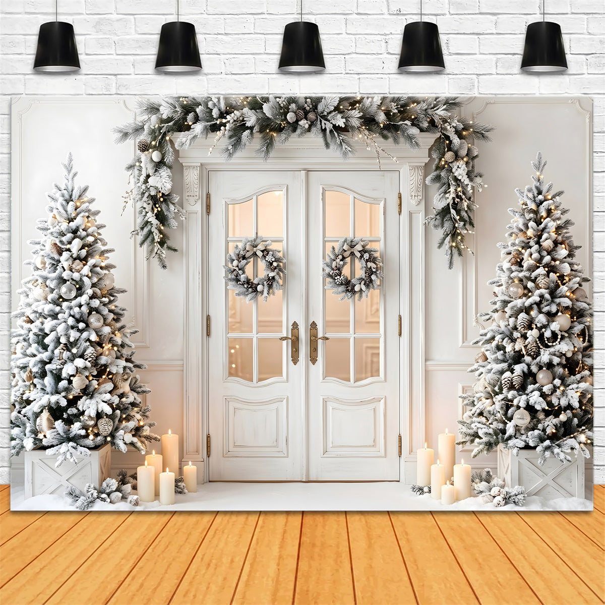 Toile de fond de Noël avec porte blanche givrée couronne et sapins pour photomaton CEM65-134