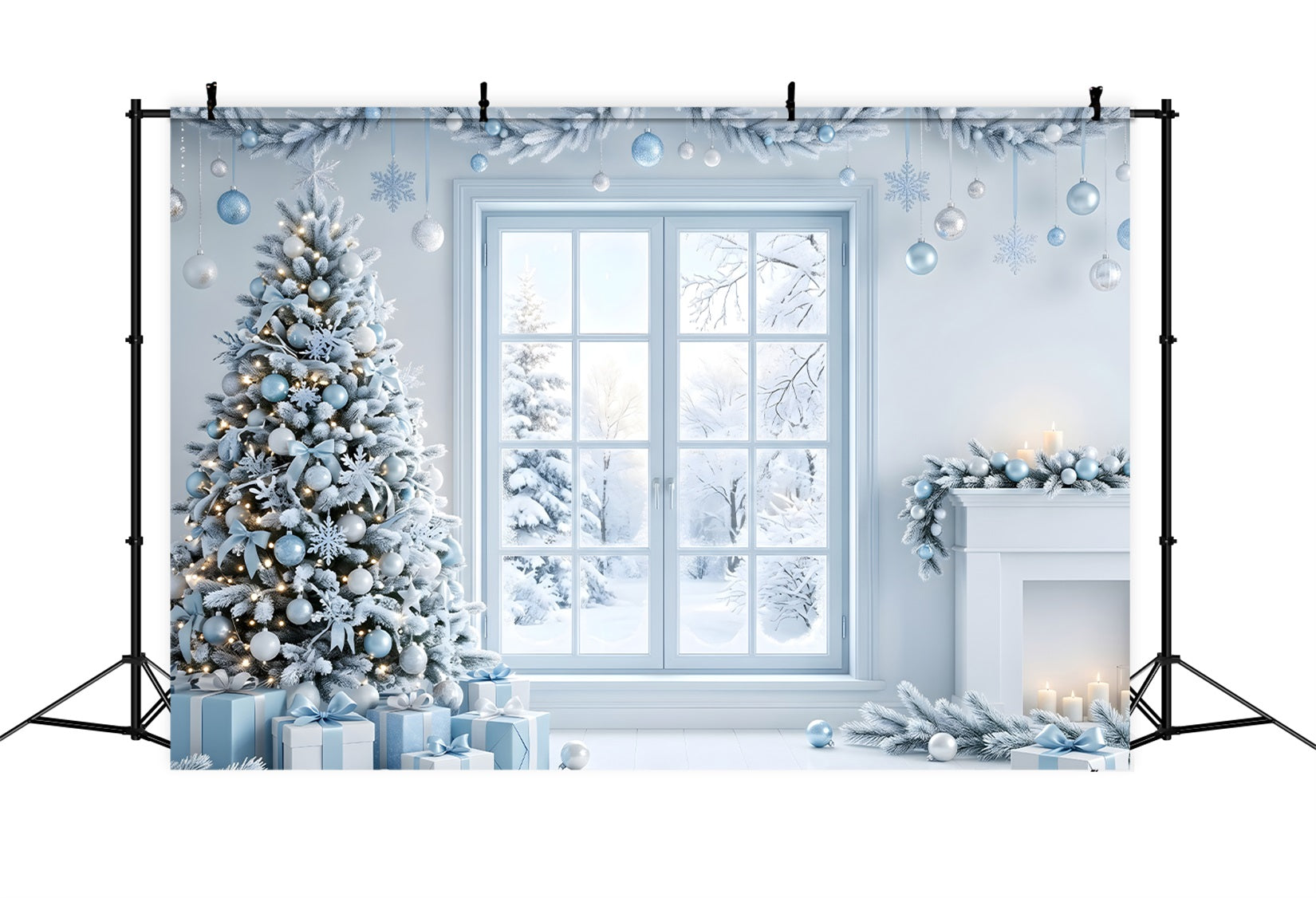Toile de fond de Noël avec fenêtre bleu glacé sapin et cheminée pour séance photo CEM65-136