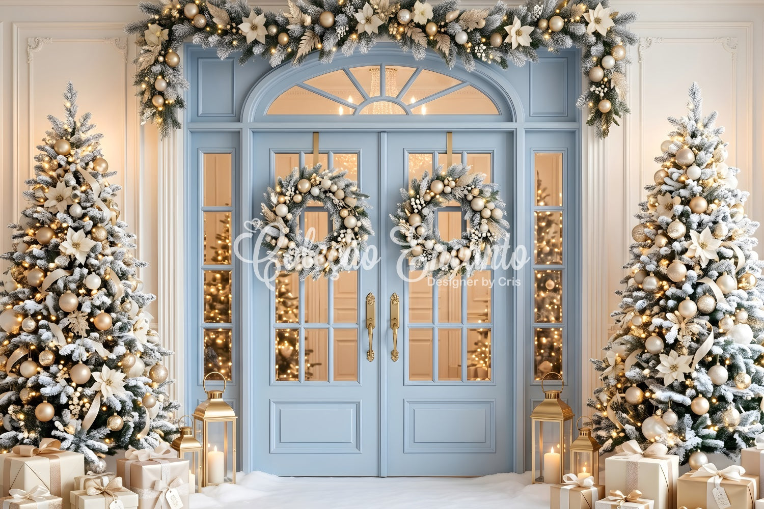 Toile de fond photo de Noël avec porte bleue et sapins dorés givrés CEM65-139