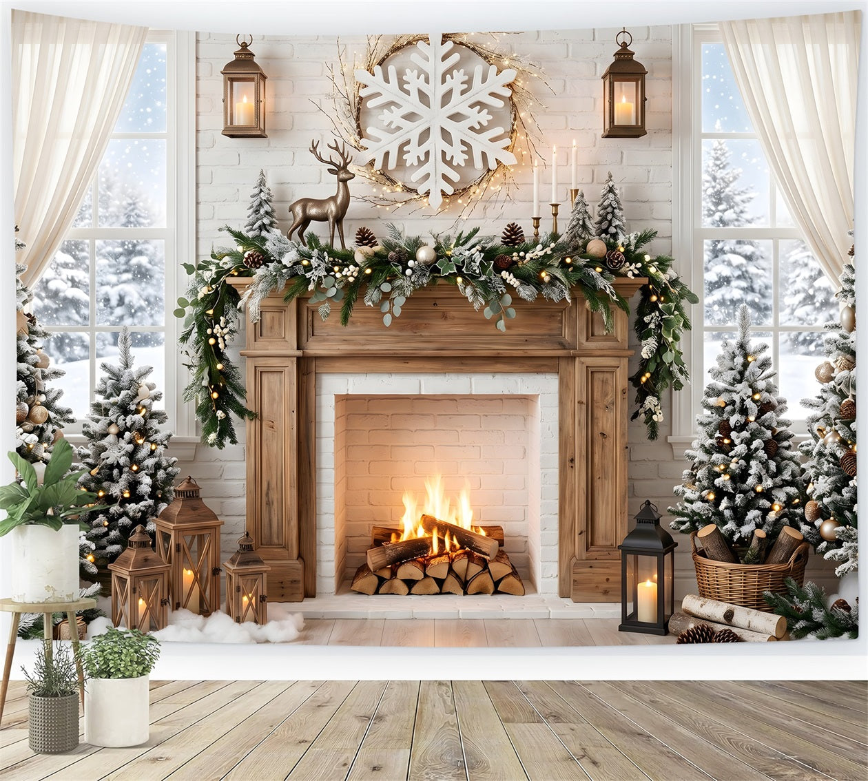 Toile de fond de Noël avec cerf flocons cheminée et pins pour séance photo CEM65-140