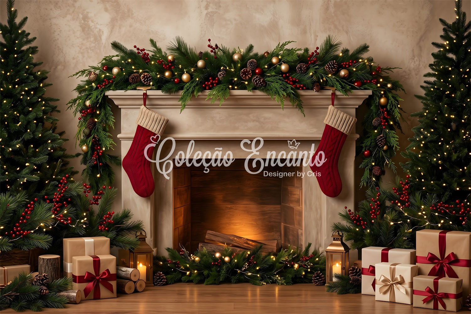Toile de fond de Noël avec cheminée chaleureuse bas suspendus guirlande et cadeaux CEM65-141