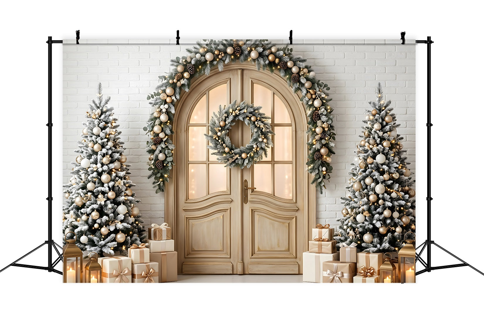 Toile de fond de Noël avec porte cintrée givrée couronne et sapins pour photomaton CEM65-142
