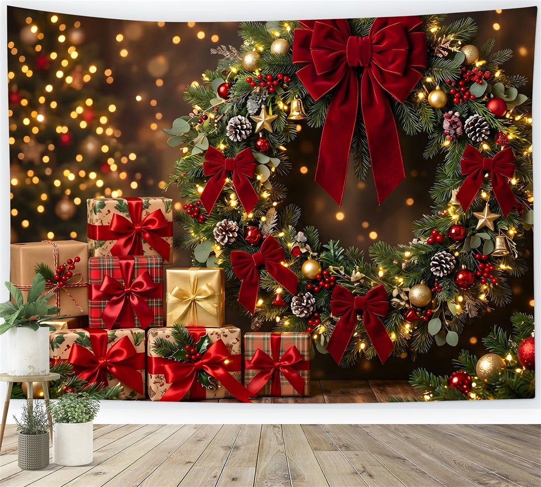 Toile de fond photo de Noël avec couronne à nœud rouge et cadeaux festifs CEM65-143