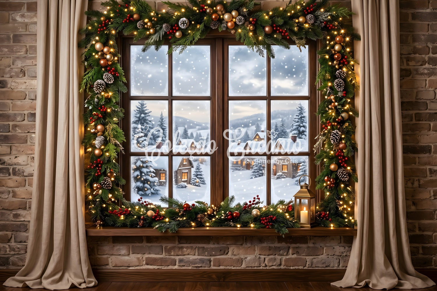 Toile de fond de Noël enneigée avec fenêtre sur village guirlande et lanterne pour studio CEM65-144