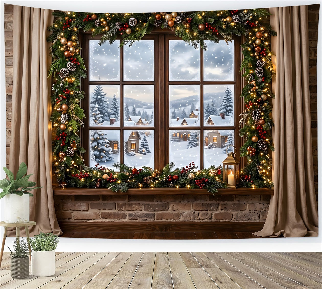 Toile de fond de Noël enneigée avec fenêtre sur village guirlande et lanterne pour studio CEM65-144