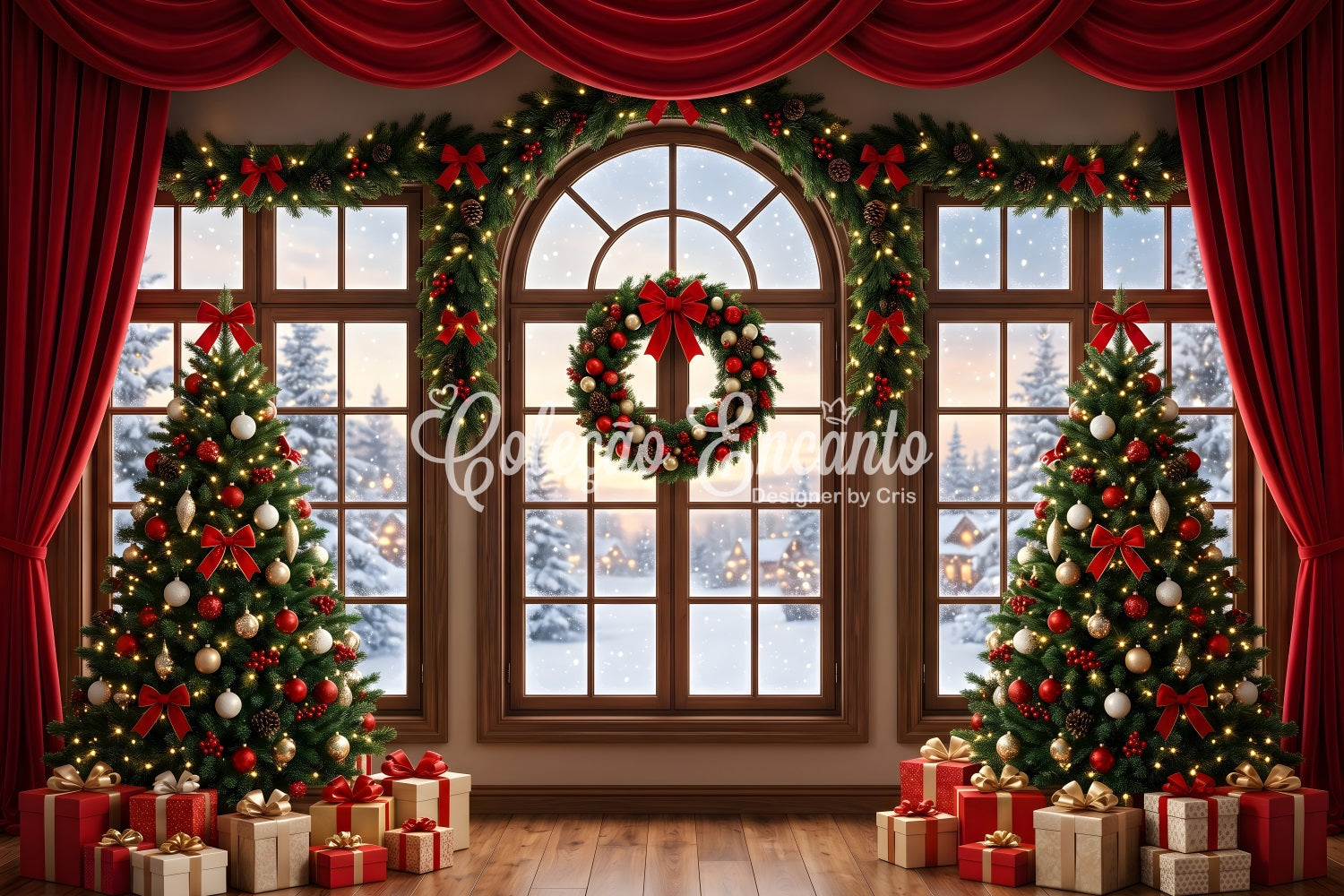 Toile de fond rouge de Noël avec fenêtre drapée couronne et sapins CEM65-145