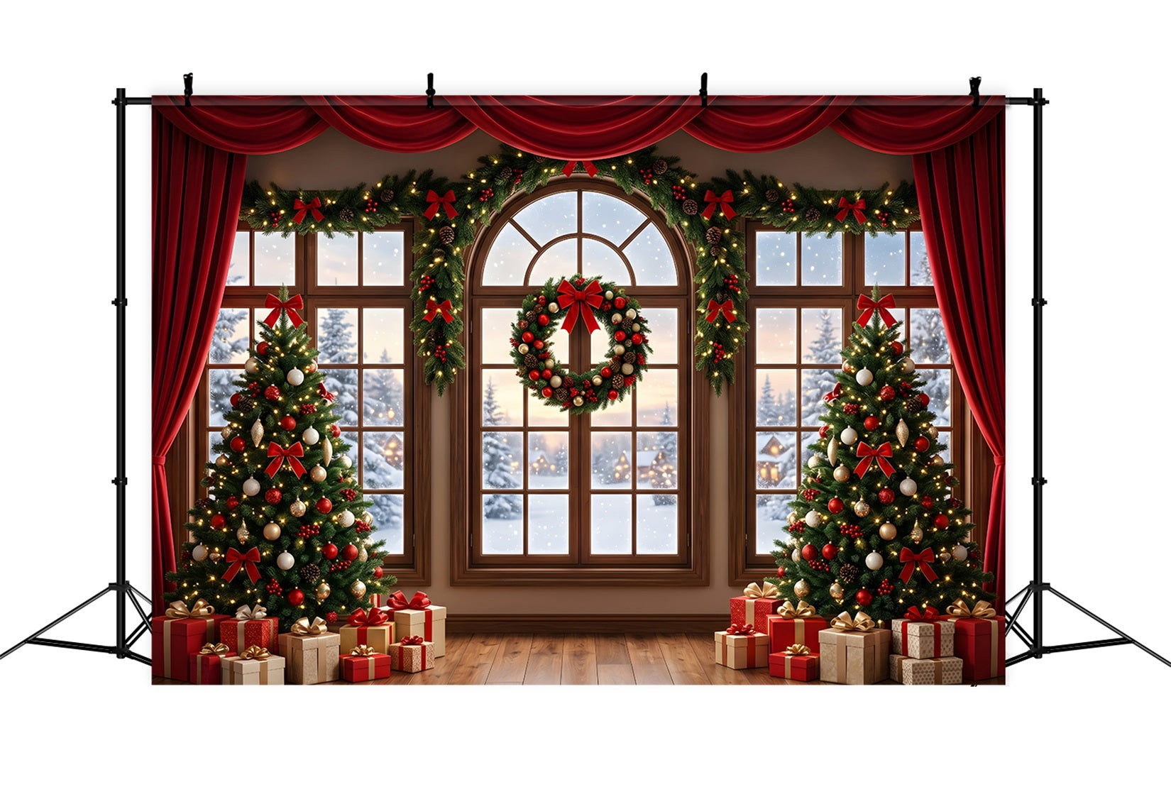 Toile de fond rouge de Noël avec fenêtre drapée couronne et sapins CEM65-145