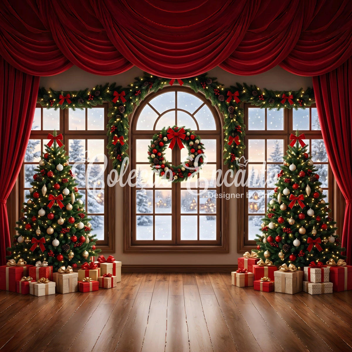 Toile de fond rouge de Noël avec fenêtre drapée couronne et sapins CEM65-145