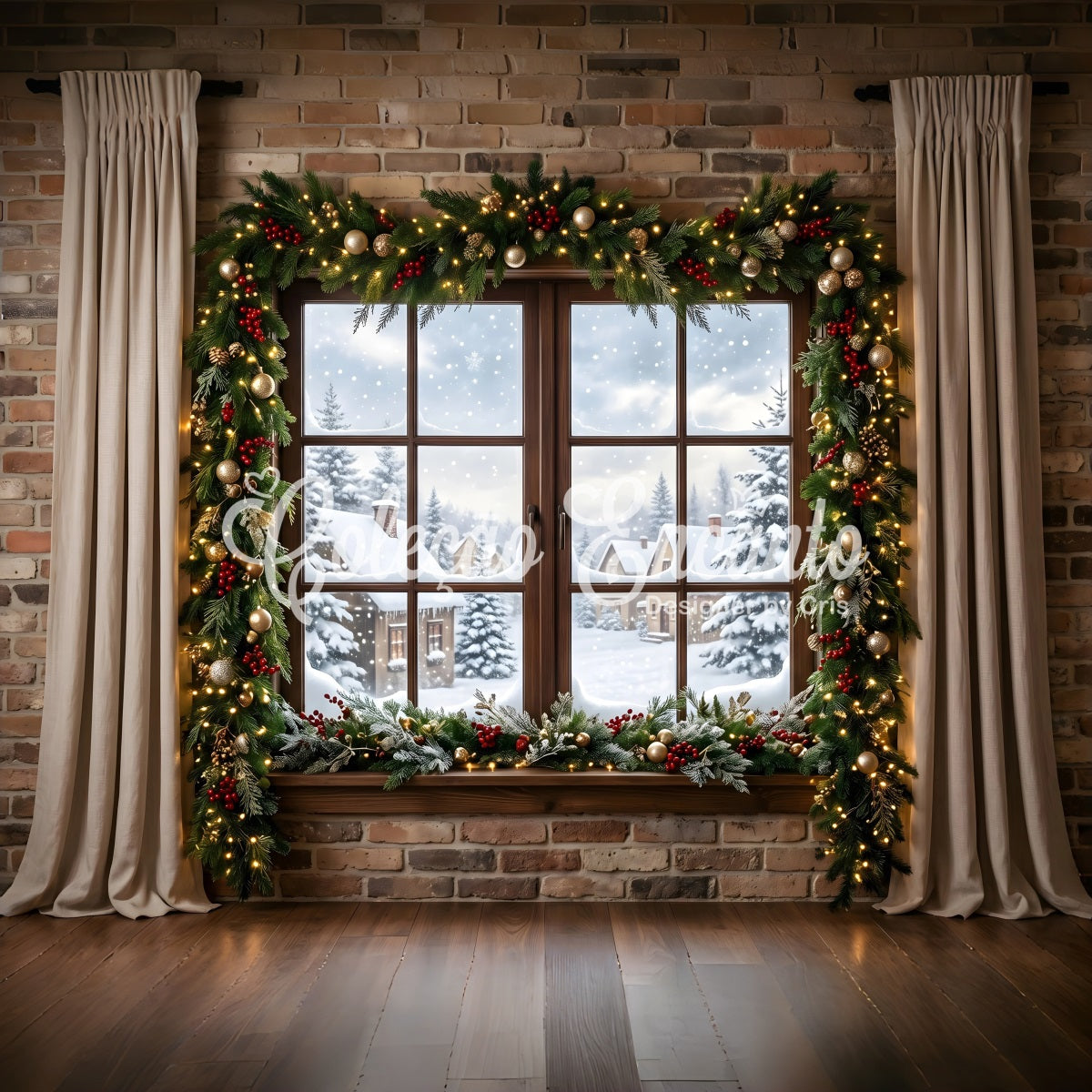 Toile de fond de Noël avec fenêtre sur village enneigé guirlande et rideaux CEM65-146