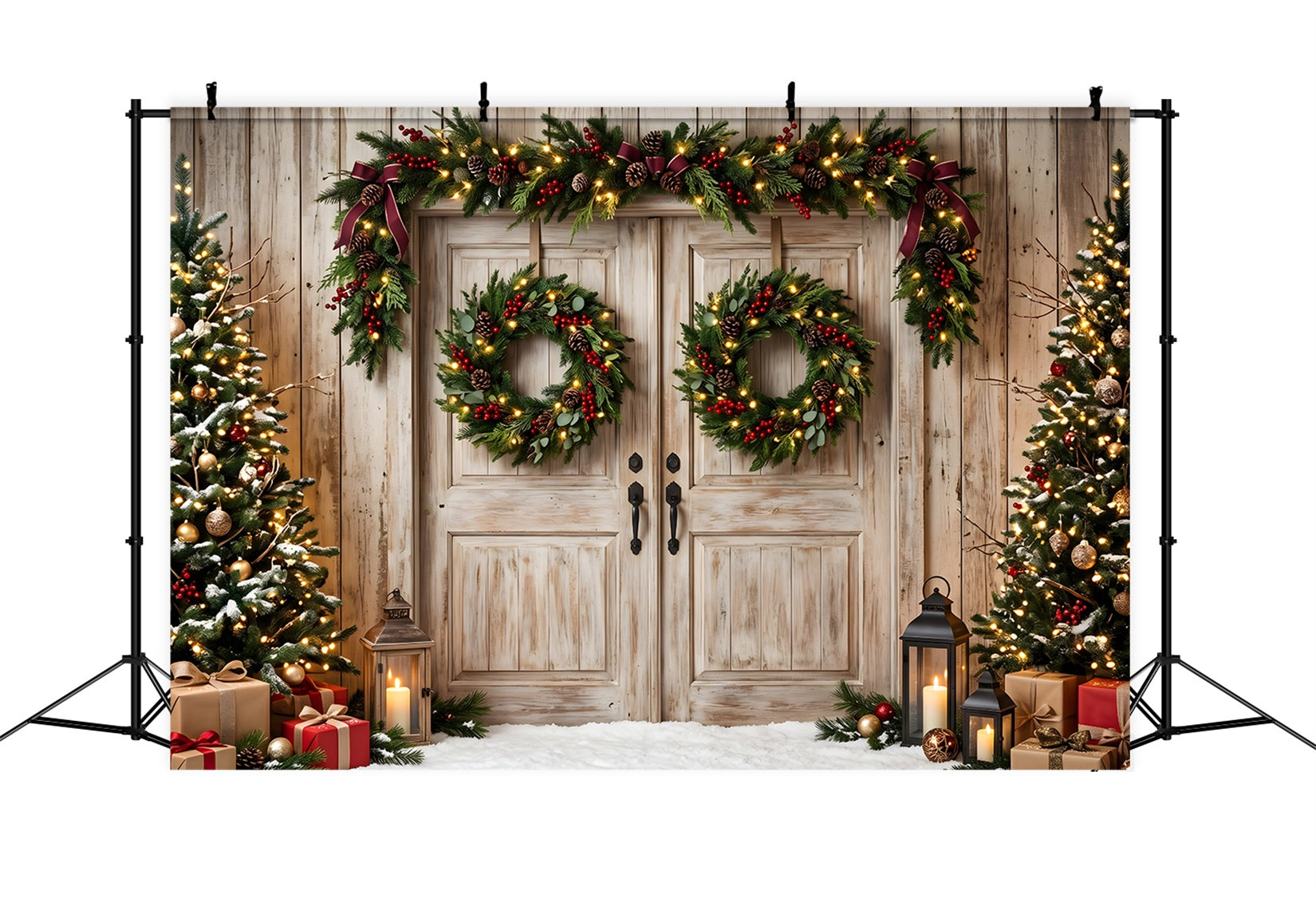 Toile de fond rustique de Noël avec doubles portes couronne et sapins pour séance photo CEM65-147