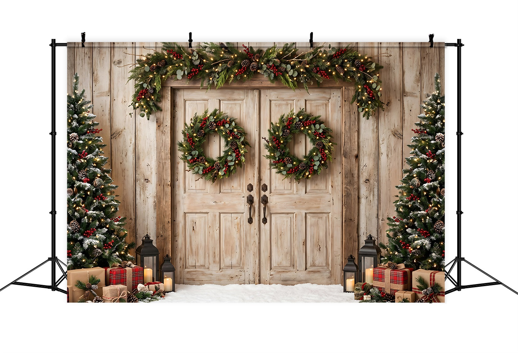 Toile de fond de Noël avec portes de grange patinées cadeaux à carreaux et décor de photomaton CEM65-148
