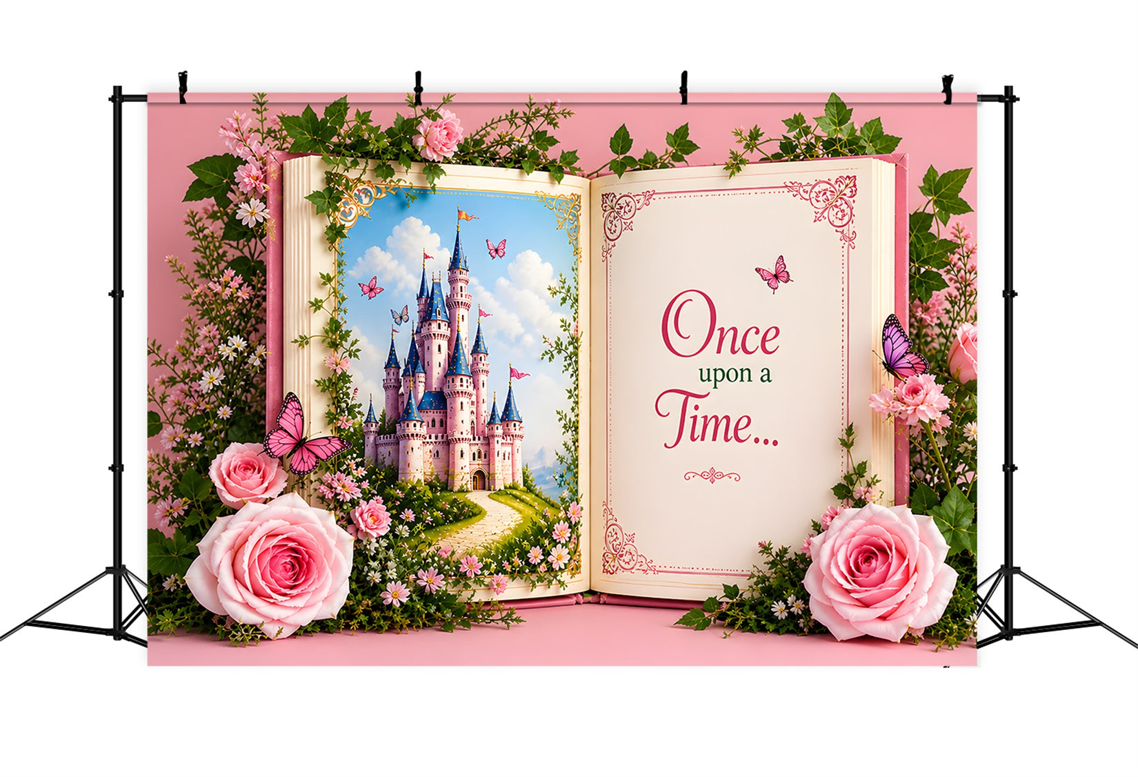 Toile de fond photo pour nouveau-né et enfant avec château féerique livre de contes et roses CEM65-15