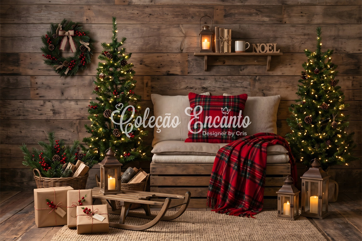 Toile de fond simple de Noël avec chalet chaleureux à carreaux luge et coin décoré CEM65-151