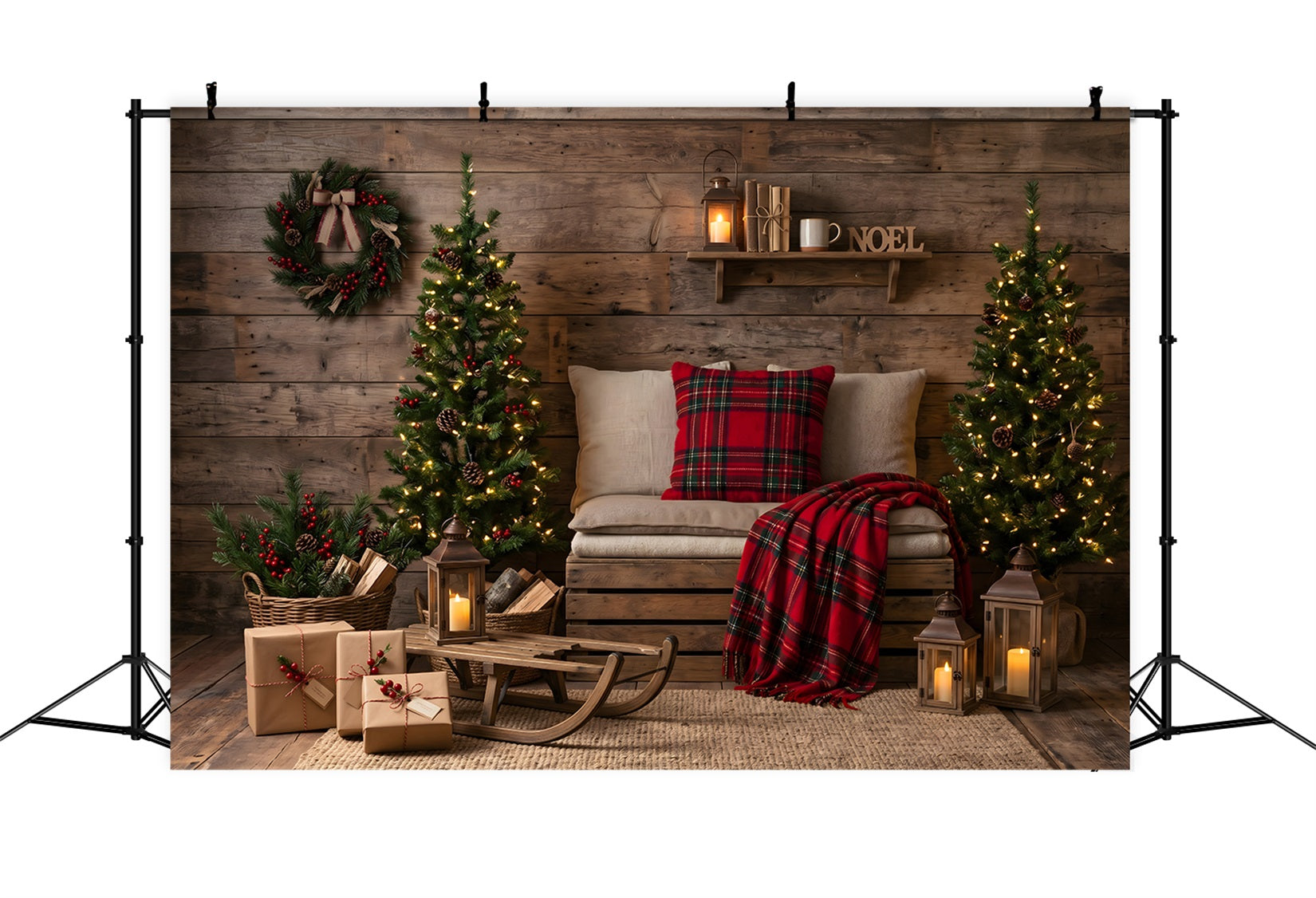 Toile de fond simple de Noël avec chalet chaleureux à carreaux luge et coin décoré CEM65-151