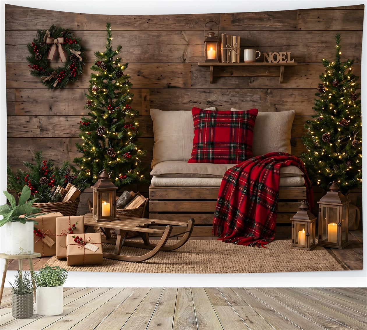 Toile de fond simple de Noël avec chalet chaleureux à carreaux luge et coin décoré CEM65-151