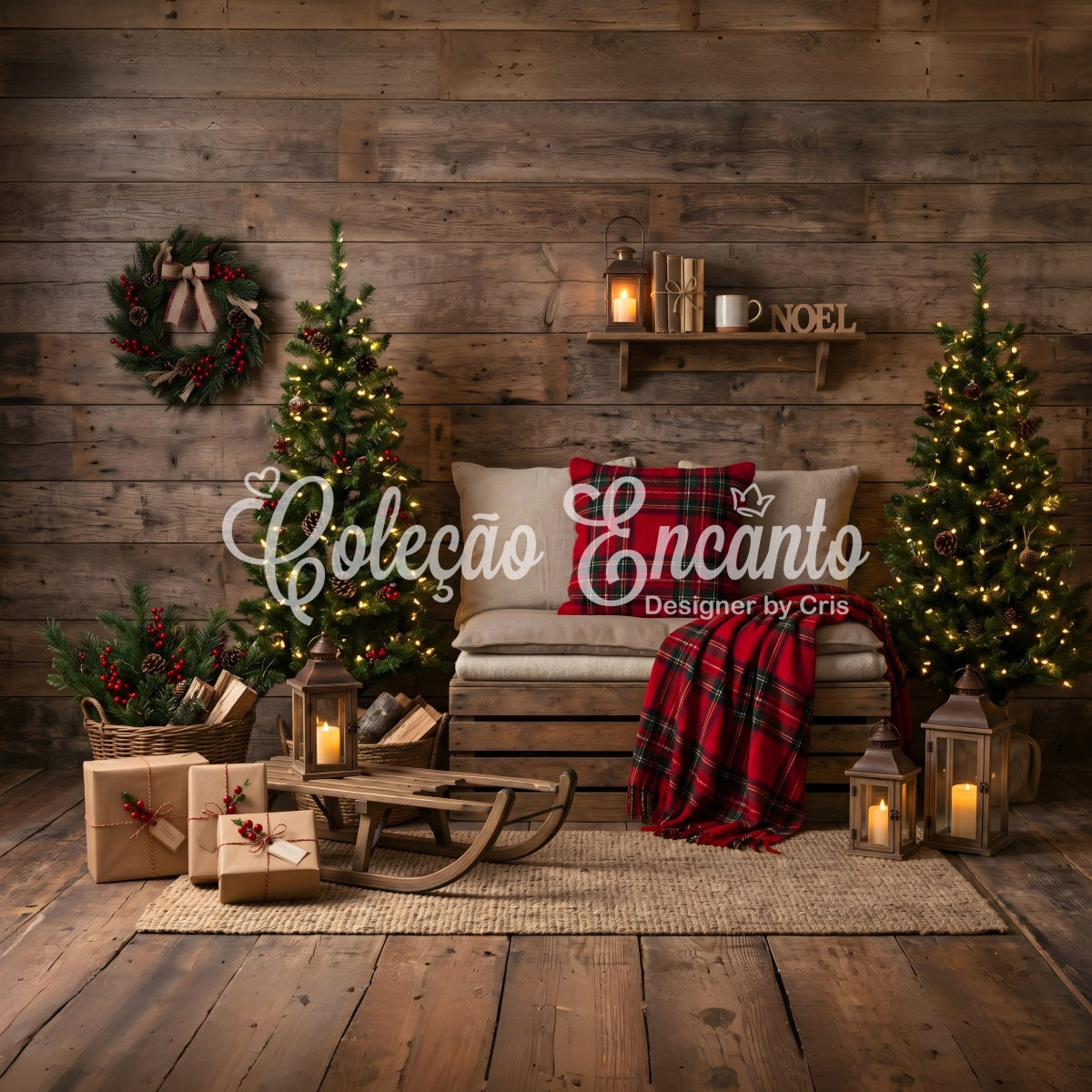 Toile de fond simple de Noël avec chalet chaleureux à carreaux luge et coin décoré CEM65-151