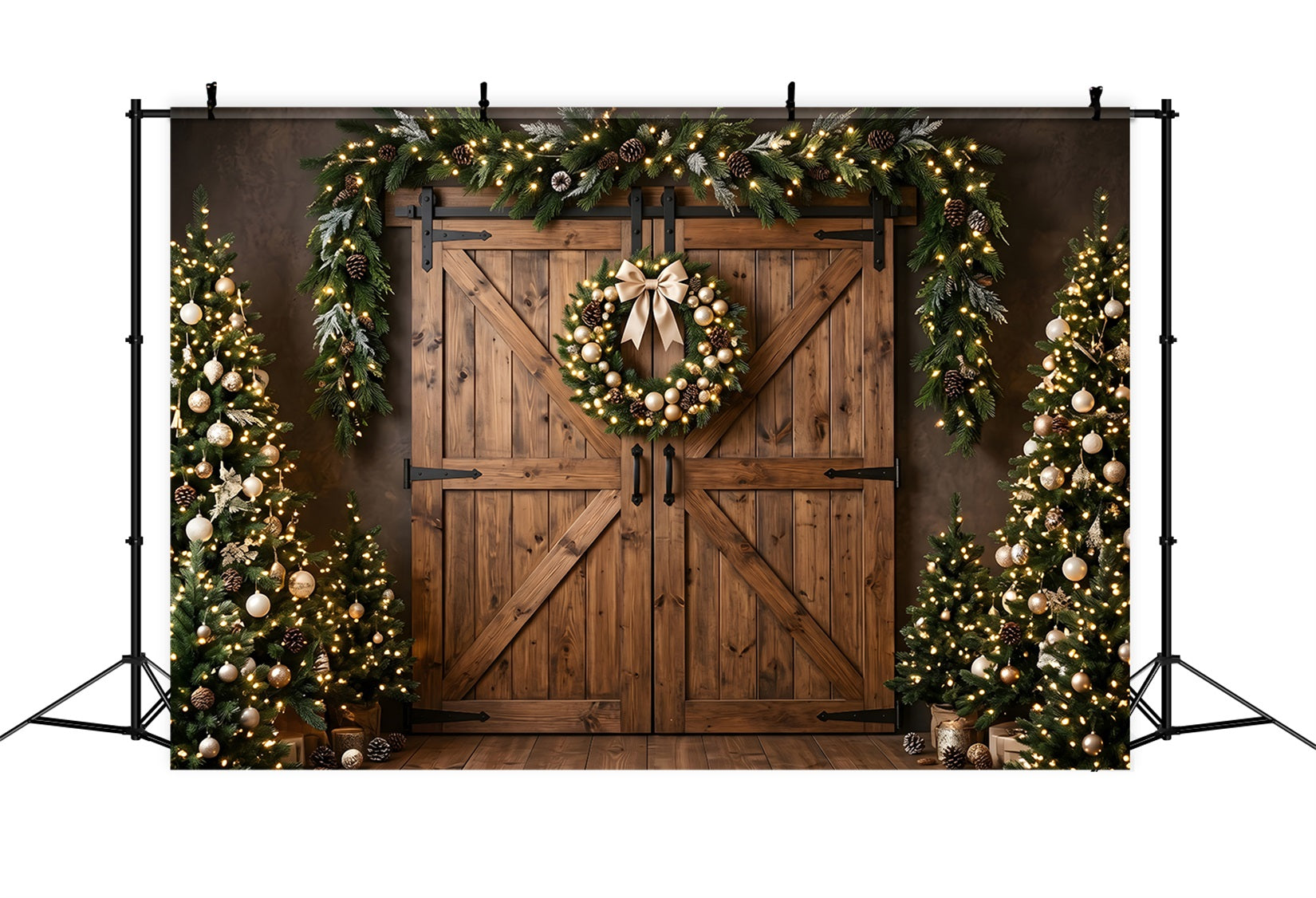 Toile de fond de Noël avec portes de grange couronne dorée et sapins CEM65-152