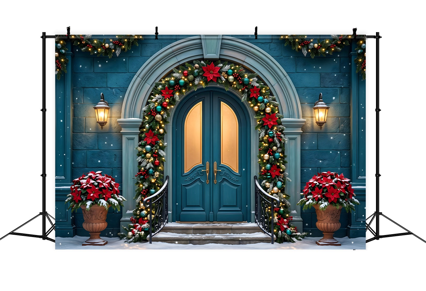 Toile de fond de Noël avec porte cintrée bleu sarcelle poinsettias et guirlande CEM65-153