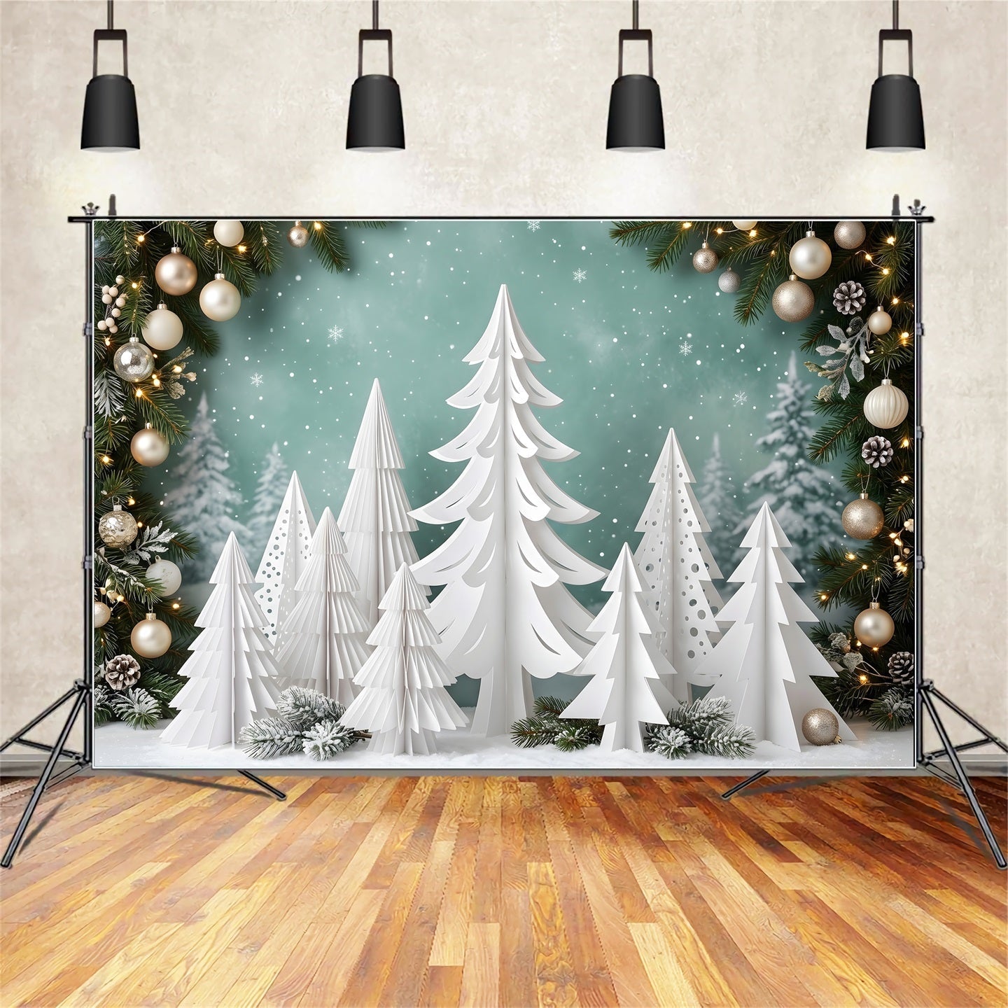 Toile de fond photo de Noël avec forêt de pins en papier blanc et ornements CEM65-154