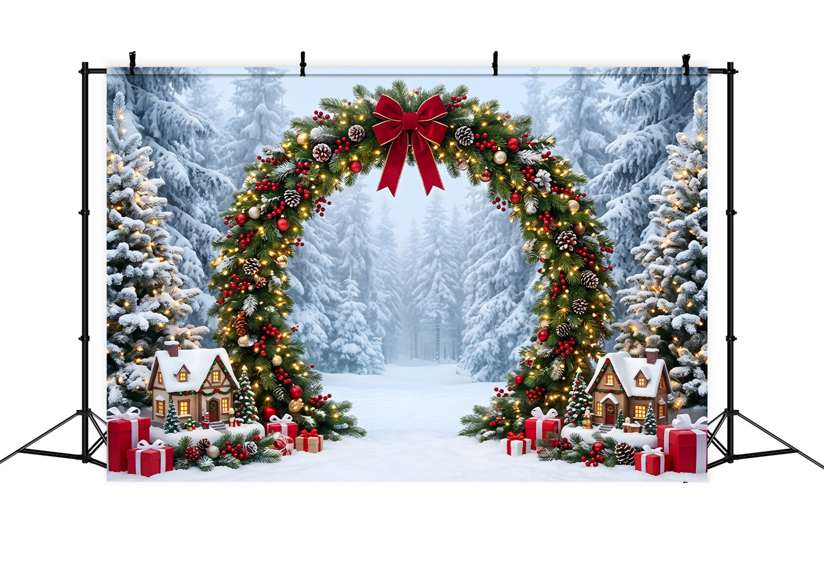 Toile de fond féerique de Noël avec arche de maison sapins enneigés et guirlande CEM65-157