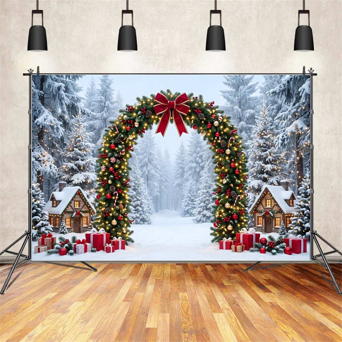 Toile de fond de Noël au pays des merveilles hivernal avec forêt enneigée et arche de village CEM65-158