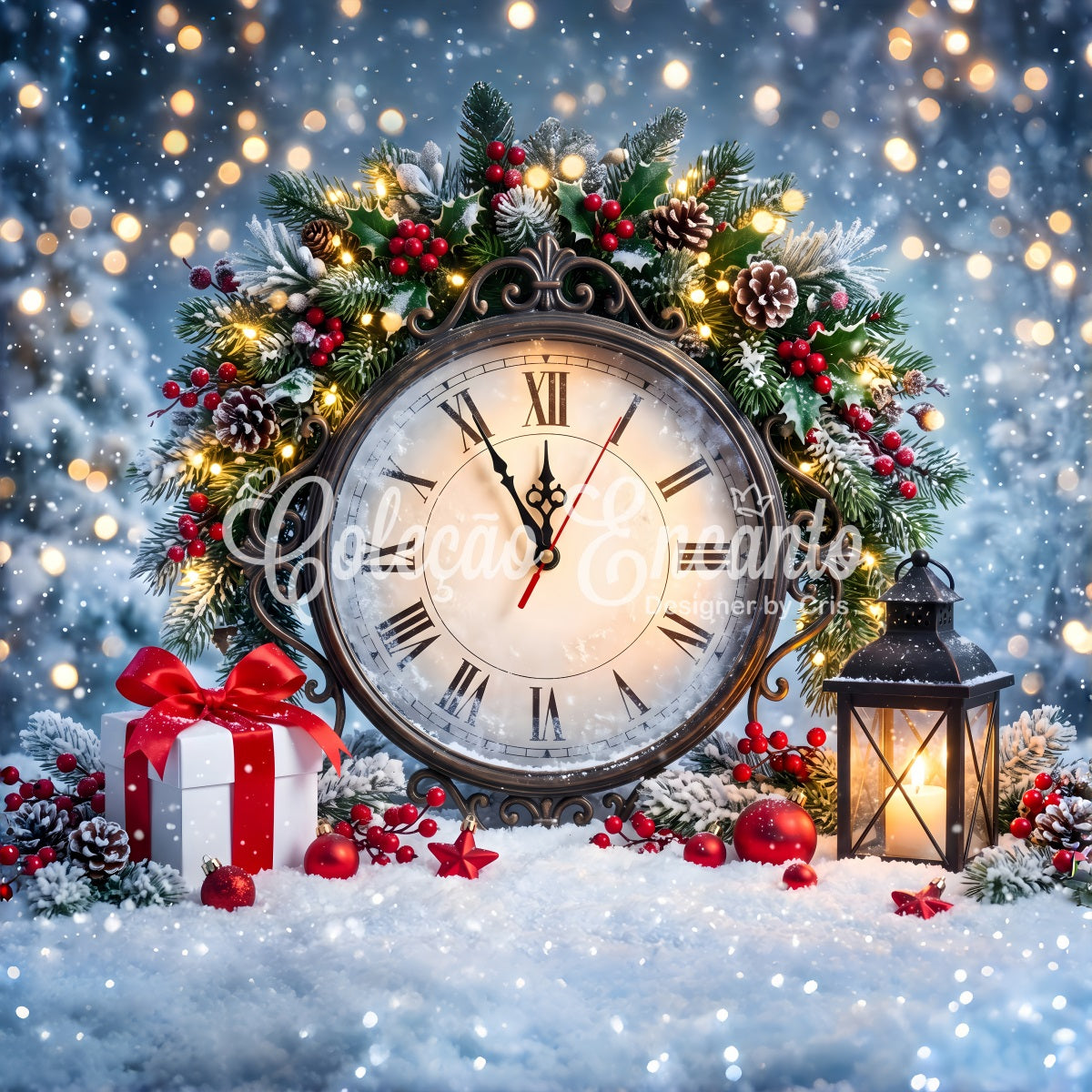 Toile de fond de Noël rétro pour photomaton avec horloge romaine houx et lanterne CEM65-159