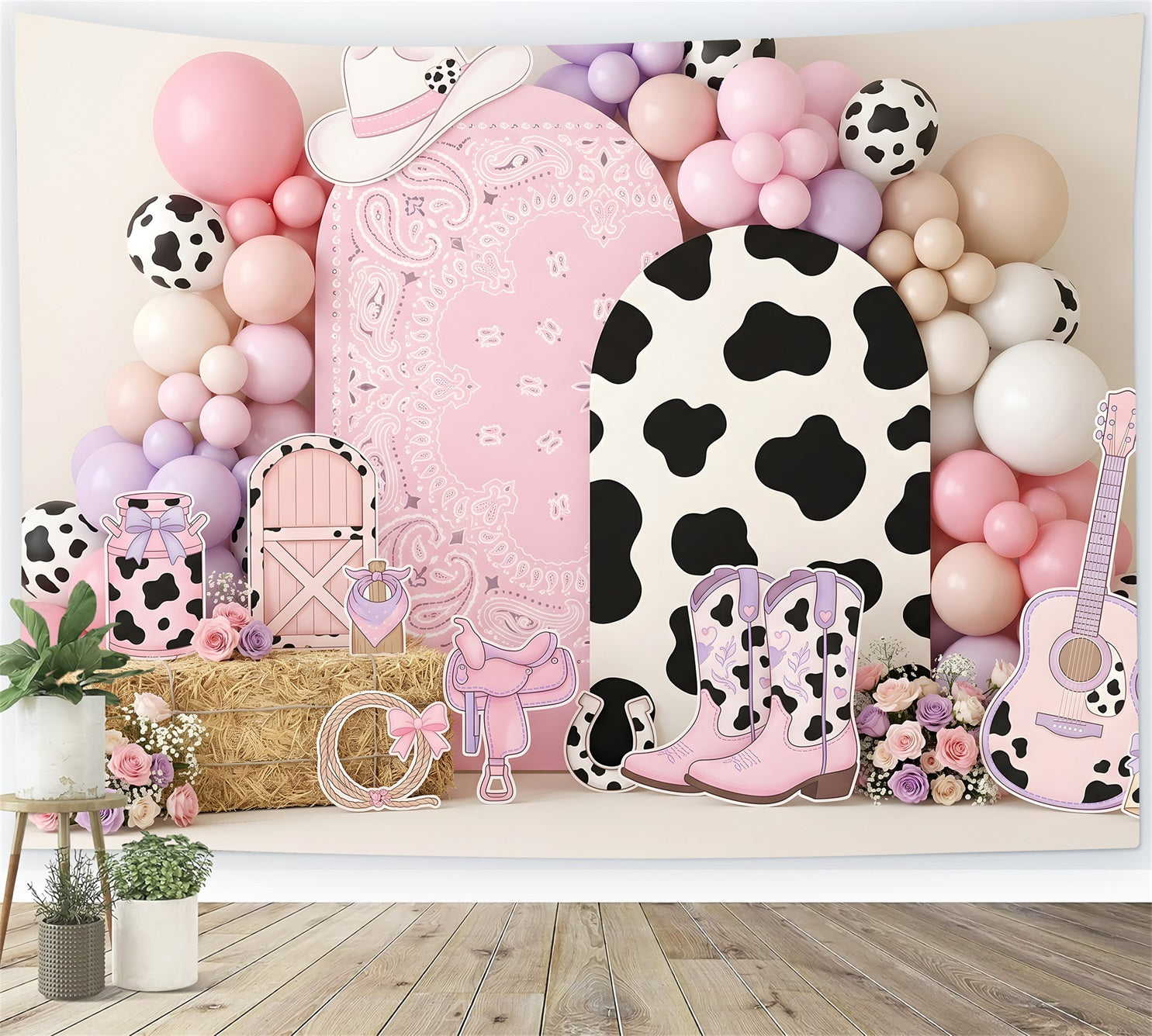 Toile de fond en tissu pour nouveau-né avec ballons roses motif vache et décor de l’Ouest américain CEM65-16