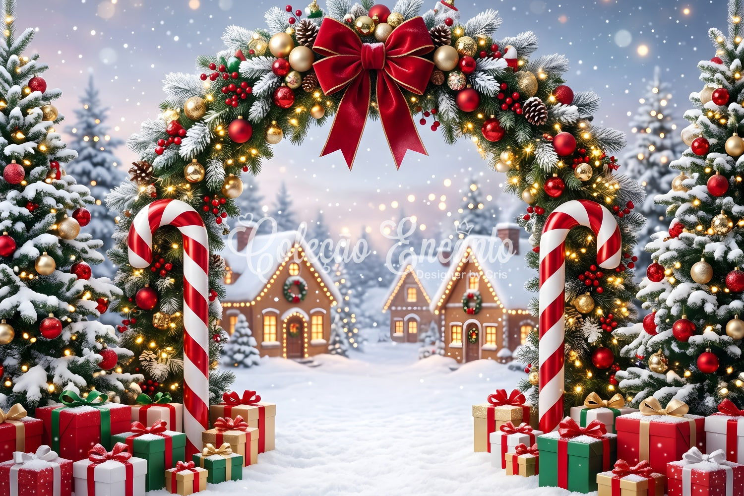 Toile de fond de Noël avec sucres d’orge guirlande et village enneigé CEM65-161
