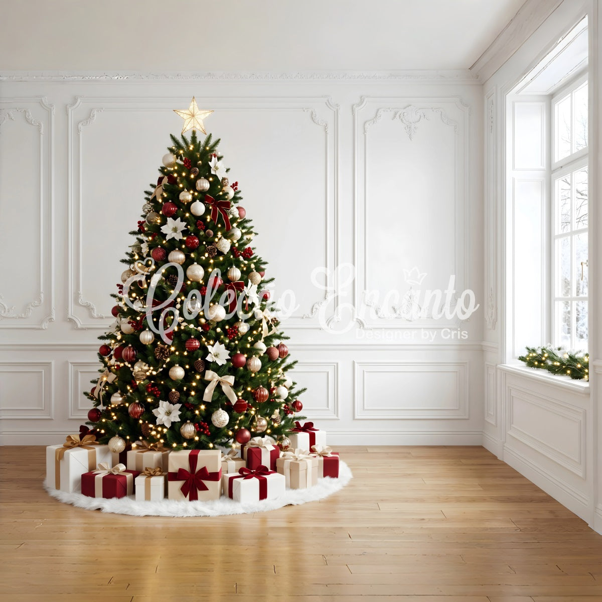 Toile de fond intérieure de Noël avec poinsettias élégants sapin et cadeaux CEM65-163