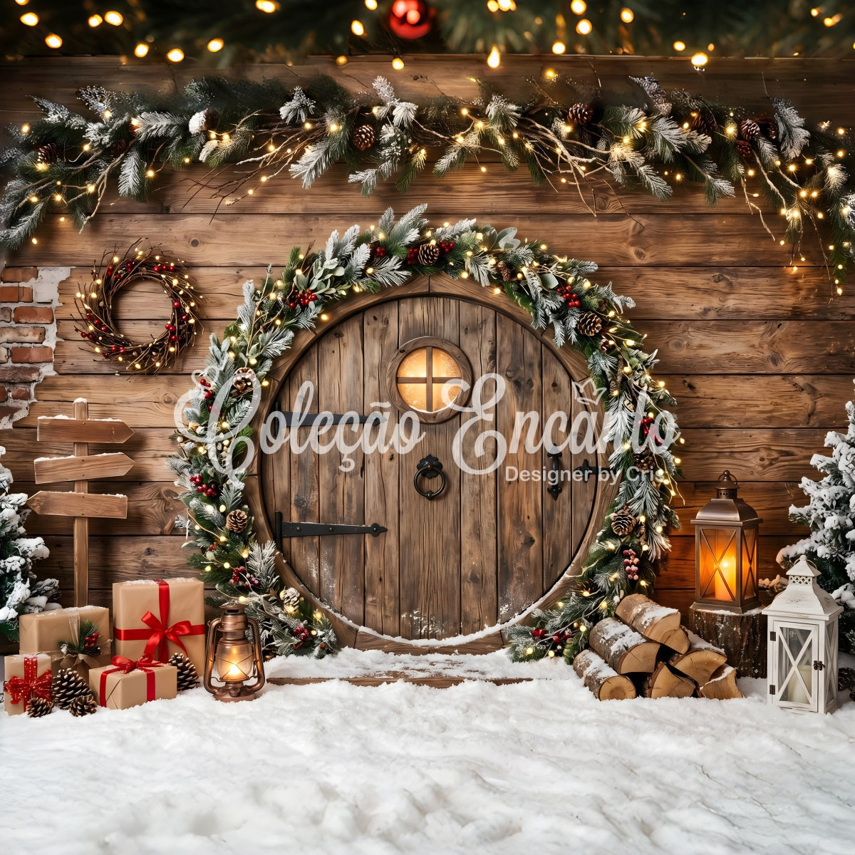 Toile de fond de Noël enneigée avec porte ronde rustique guirlande et lanternes CEM65-164