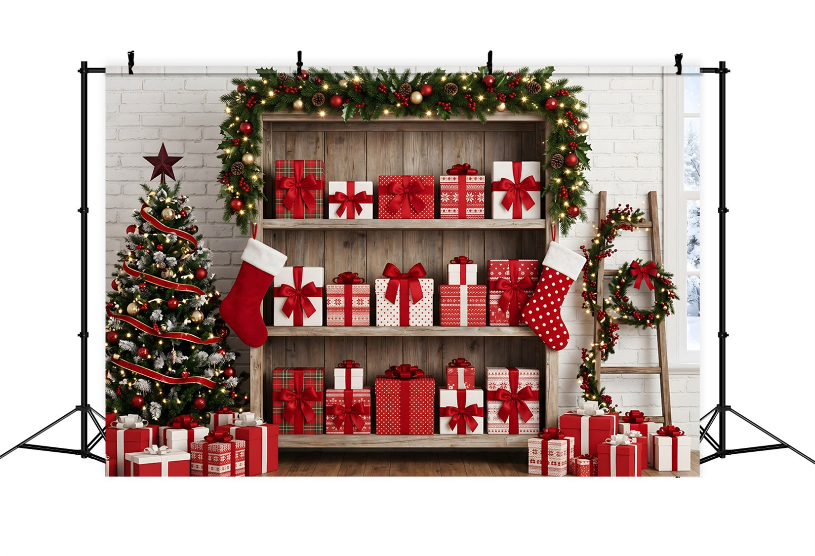 Toile de fond sur le thème de Noël avec étagère de cadeaux et bas festifs CEM65-165