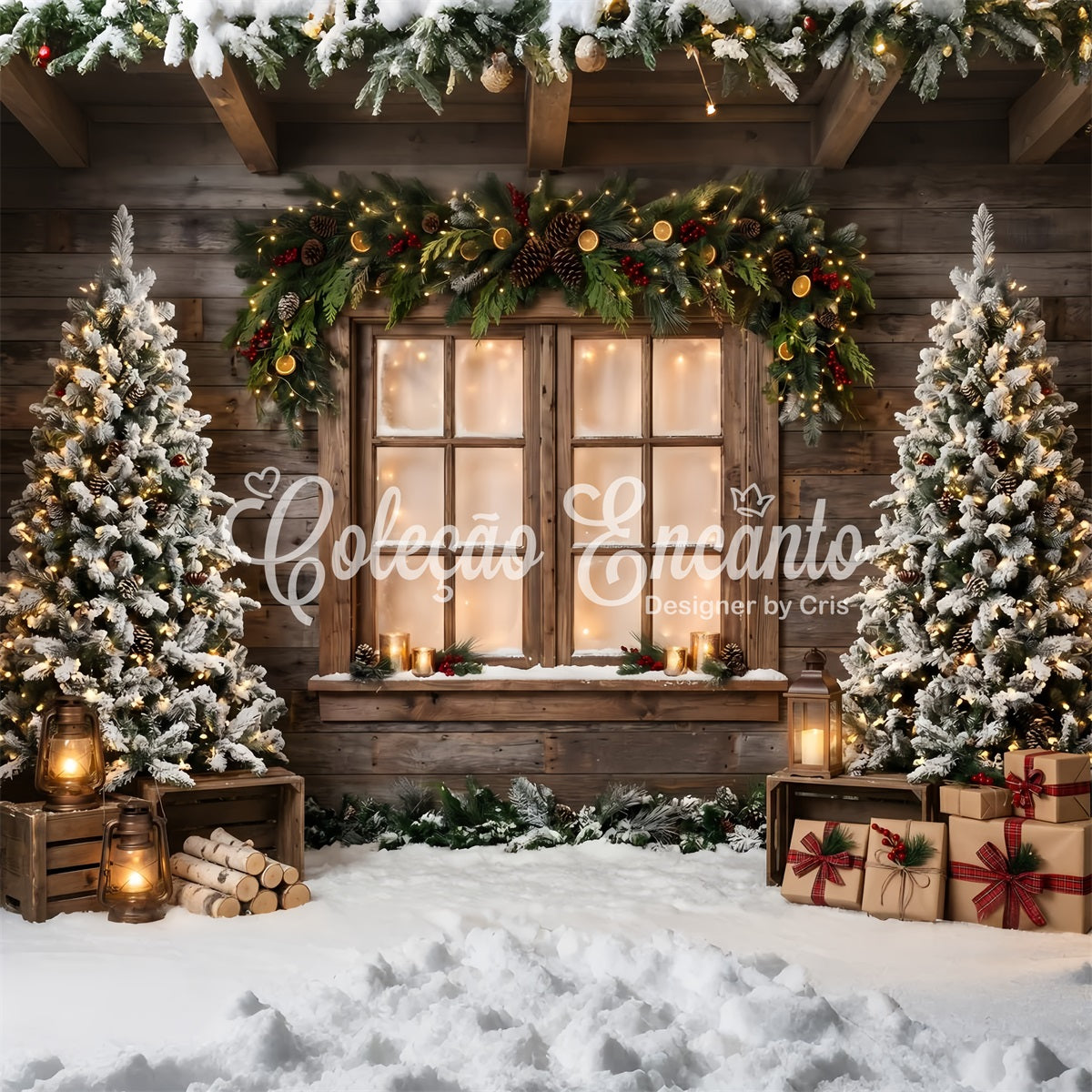 Toile de fond de Noël avec fenêtre rustique guirlande lanterne et cadeaux pour photomaton CEM65-168