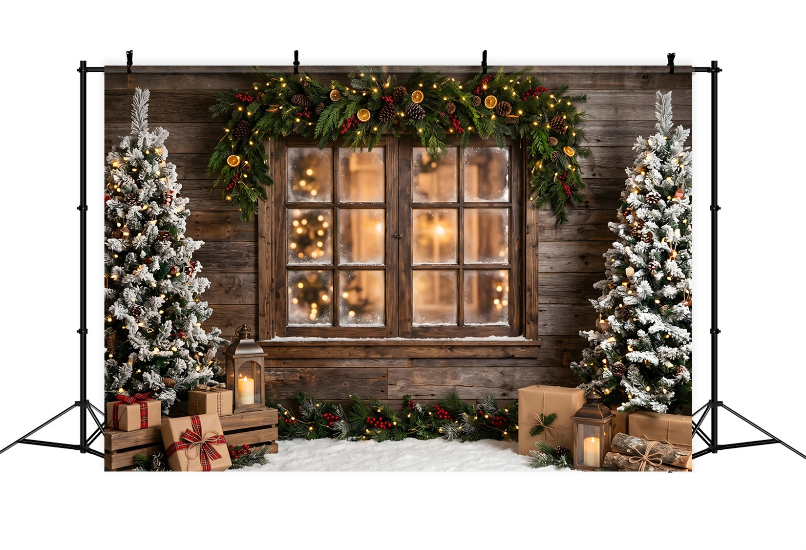 Toile de fond hivernale de Noël avec village fenêtre rustique givrée guirlande et sapins CEM65-169